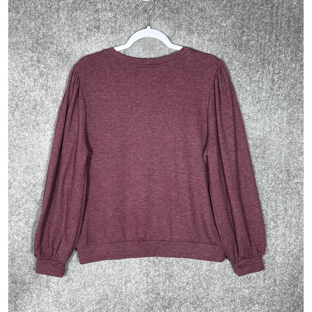 Knox Rose Top Womens Size Large Maroon Stretch Long Pleated Puff Sleeve Pullover - Picture 2 of 6